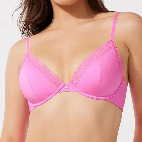 Savage X Fenty Microfiber Logo-Trim Unlined Plunge Bra in Pink Tart - Picture 4 of 10